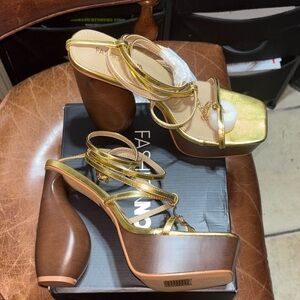 Fashion Nova Metallic Gold and Rich Brown Platforms